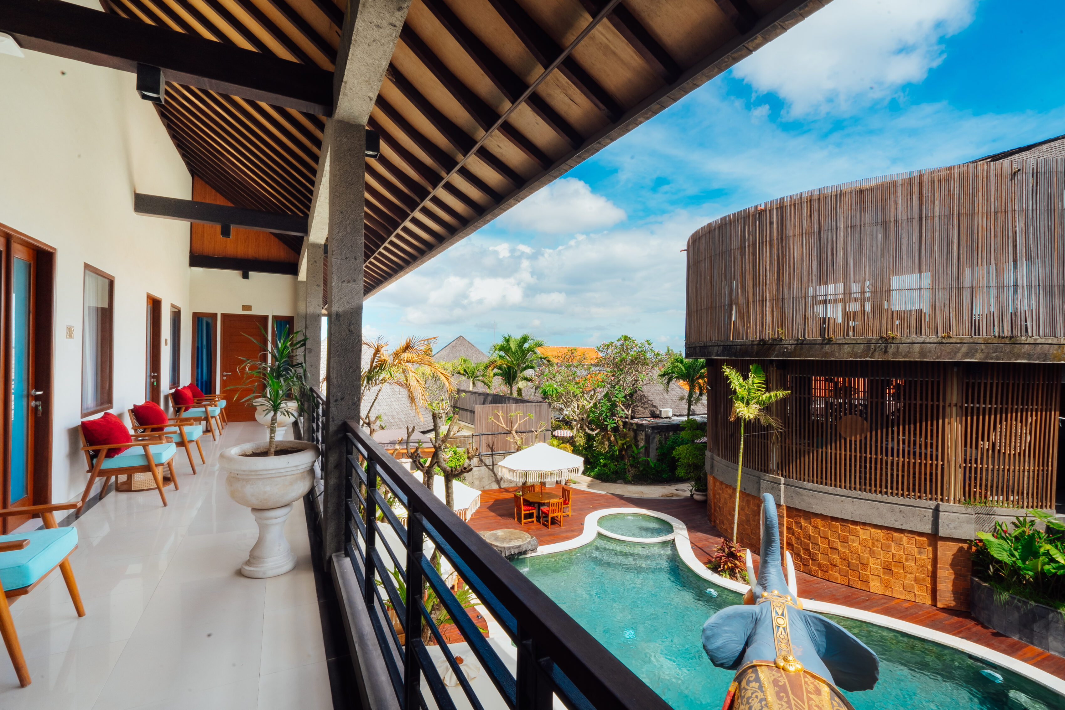 Two-storey villa terrace overlooking the private pool, The Bidadari, Bali